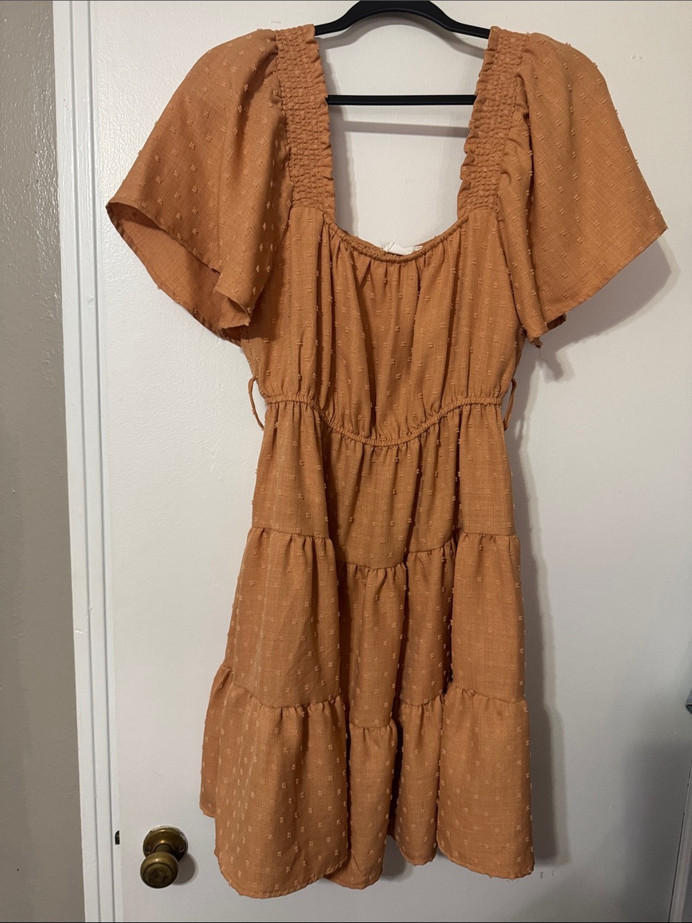 Blu Pepper Rust-Tone Tiered Mini Dress with Flutter Sleeves